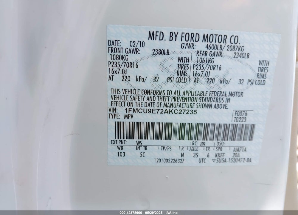2010 FORD ESCAPE VIN: 1FMCU9E72AKC27235