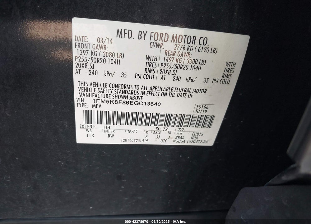 2014 FORD EXPLORER VIN: 1FM5K8F86EGC13640