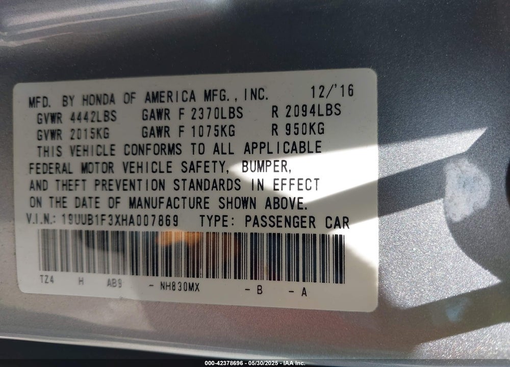 2017 ACURA TLX VIN: 19UUB1F3XHA007869