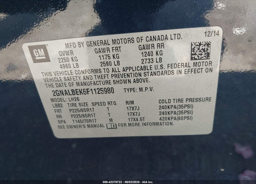 2015 CHEVROLET EQUINOX LT VIN: 2GNALBEK6F1125980