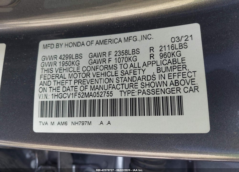 2021 HONDA ACCORD EX-L VIN: 1HGCV1F52MA052755