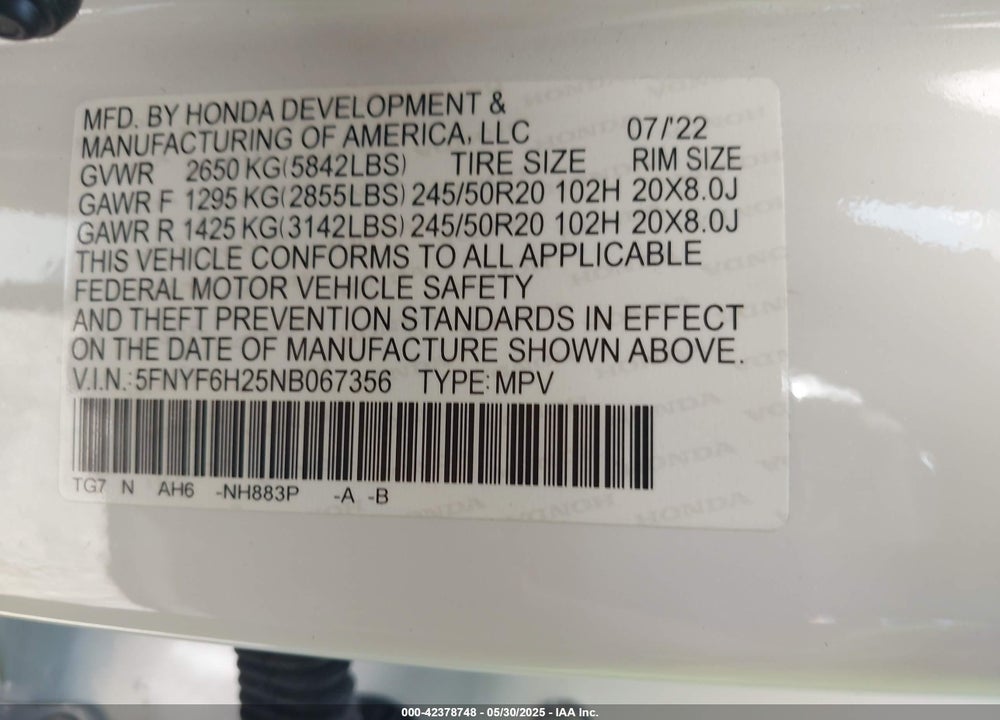 2022 HONDA PILOT VIN: 5FNYF6H25NB067356