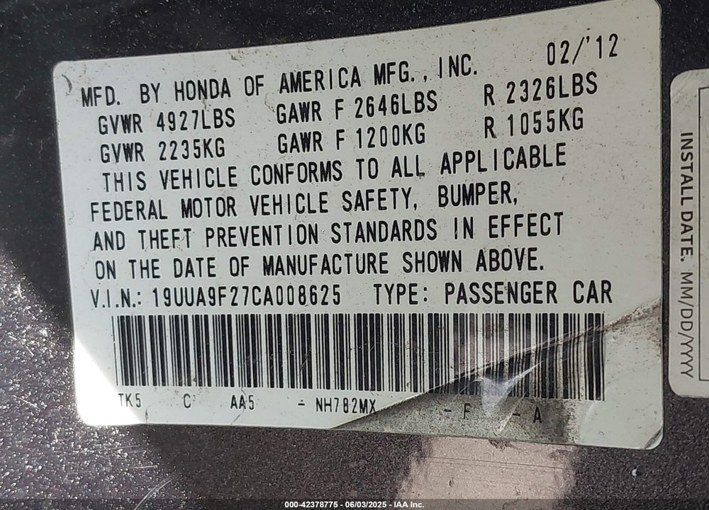 2012 ACURA TL VIN: 19UUA9F27CA008625