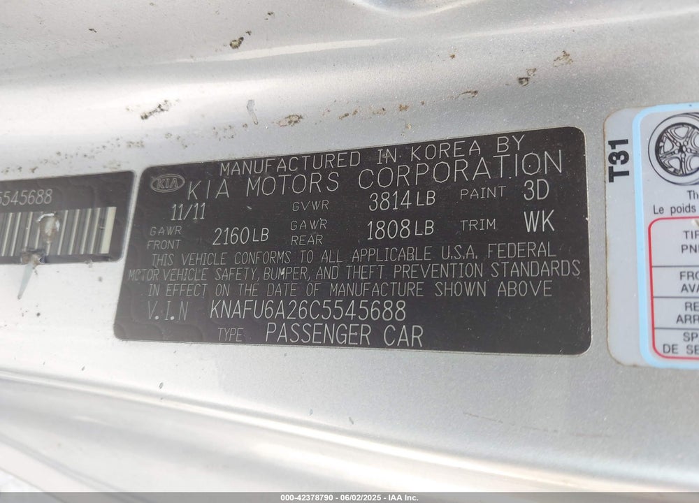 2012 KIA FORTE VIN: KNAFU6A26C5545688