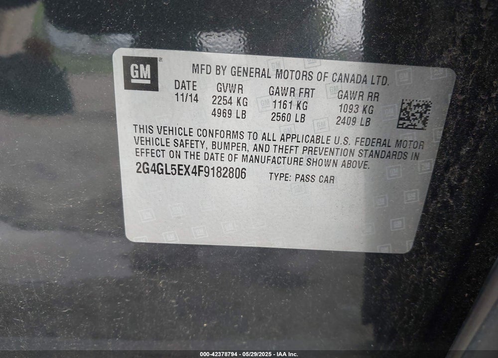 2015 BUICK REGAL VIN: 2G4GL5EX4F9182806