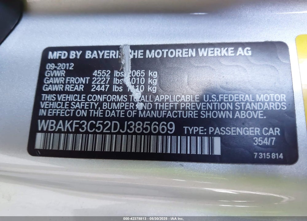 2013 BMW 328 XI VIN: WBAKF3C52DJ385669