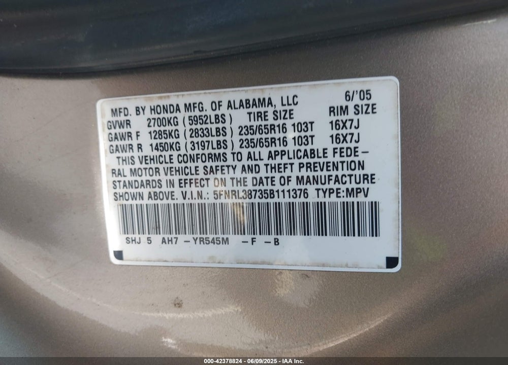 2005 HONDA ODYSSEY EX-L VIN: 5FNRL38735B111376