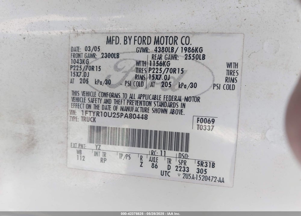 2005 FORD RANGER EDGE/STX/XL/XLS/XLT VIN: 1FTYR10U25PA80448