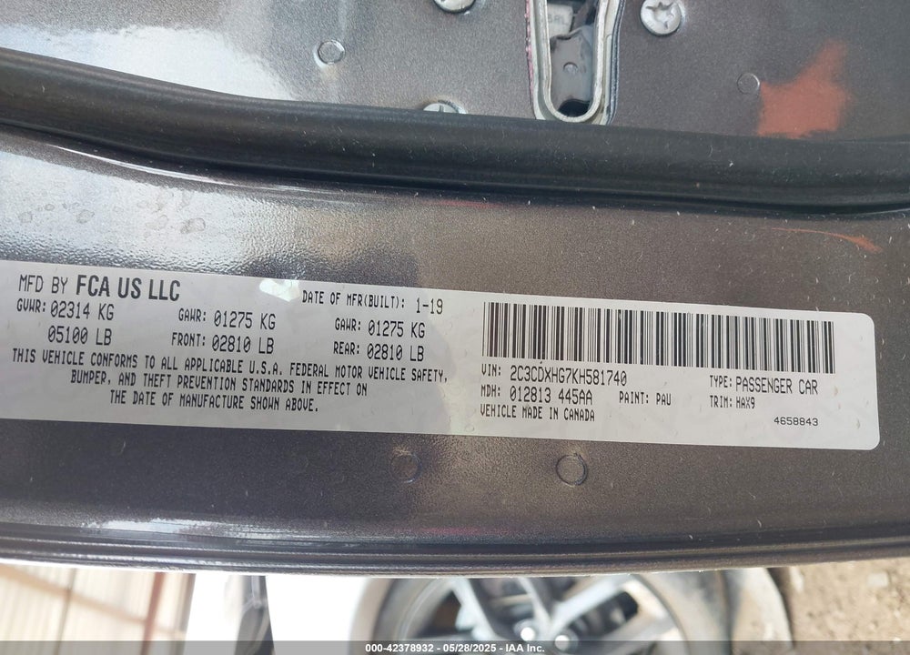 2019 DODGE CHARGER VIN: 2C3CDXHG7KH581740