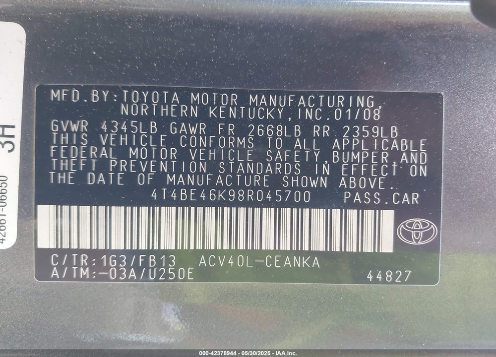 2008 TOYOTA CAMRY LE VIN: 4T4BE46K98R045700