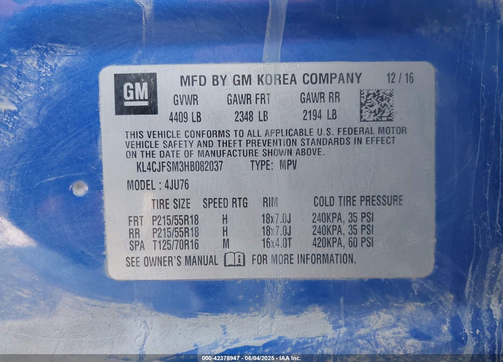 2017 BUICK ENCORE PREFERRED II VIN: KL4CJFSM3HB082037