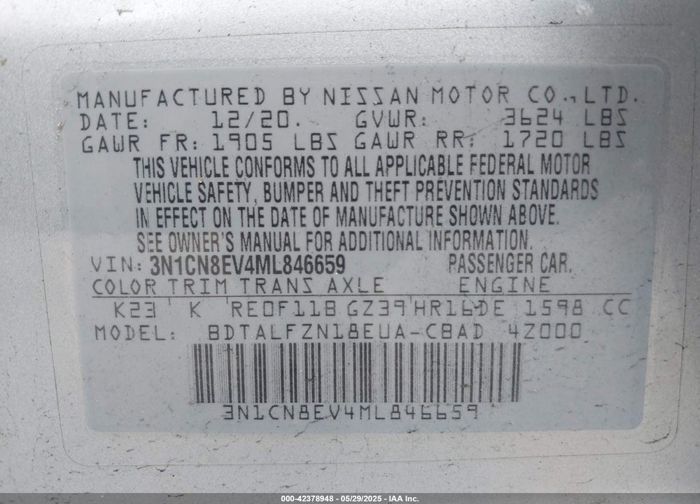 2021 NISSAN VERSA VIN: 3N1CN8EV4ML846659