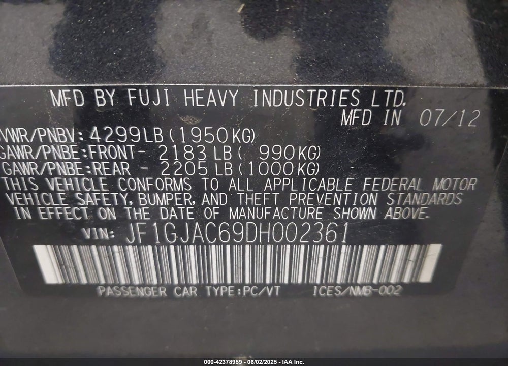 2013 SUBARU IMPREZA 2.0I PREMIUM VIN: JF1GJAC69DH002361