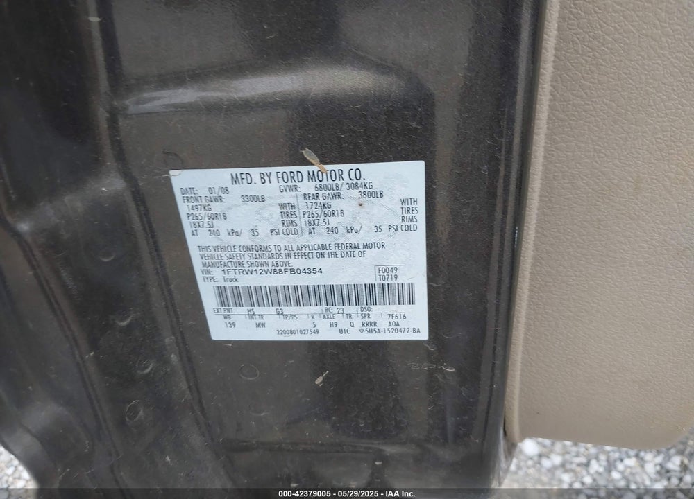 2008 FORD F-150 60TH ANNIVERSARY/FX2/XL/XLT VIN: 1FTRW12W88FB04354