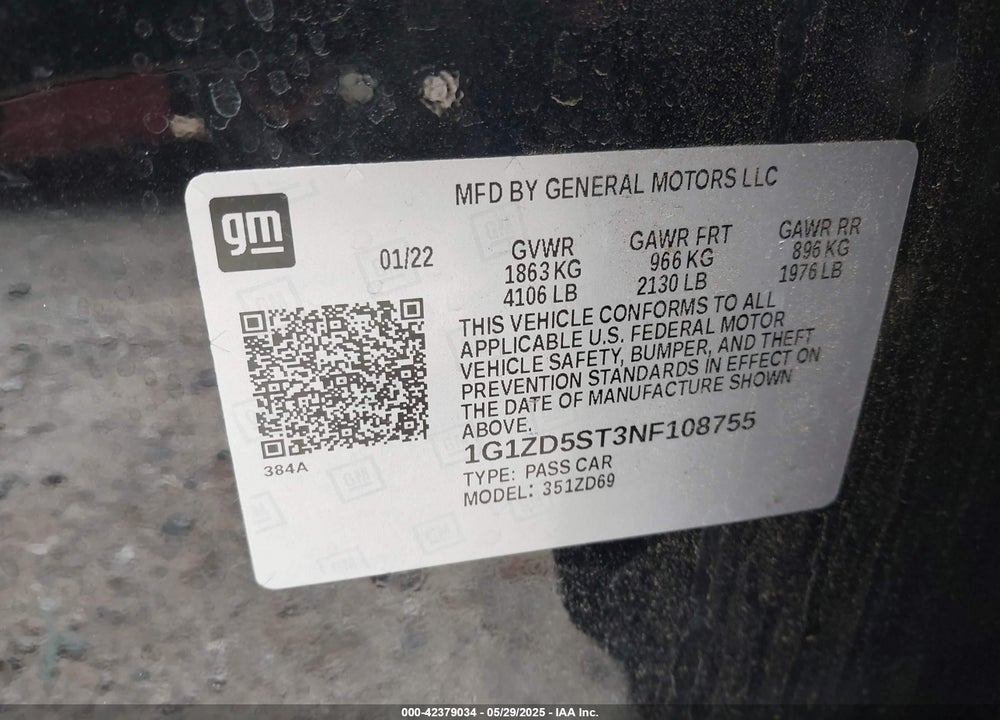 2022 CHEVROLET MALIBU VIN: 1G1ZD5ST3NF108755