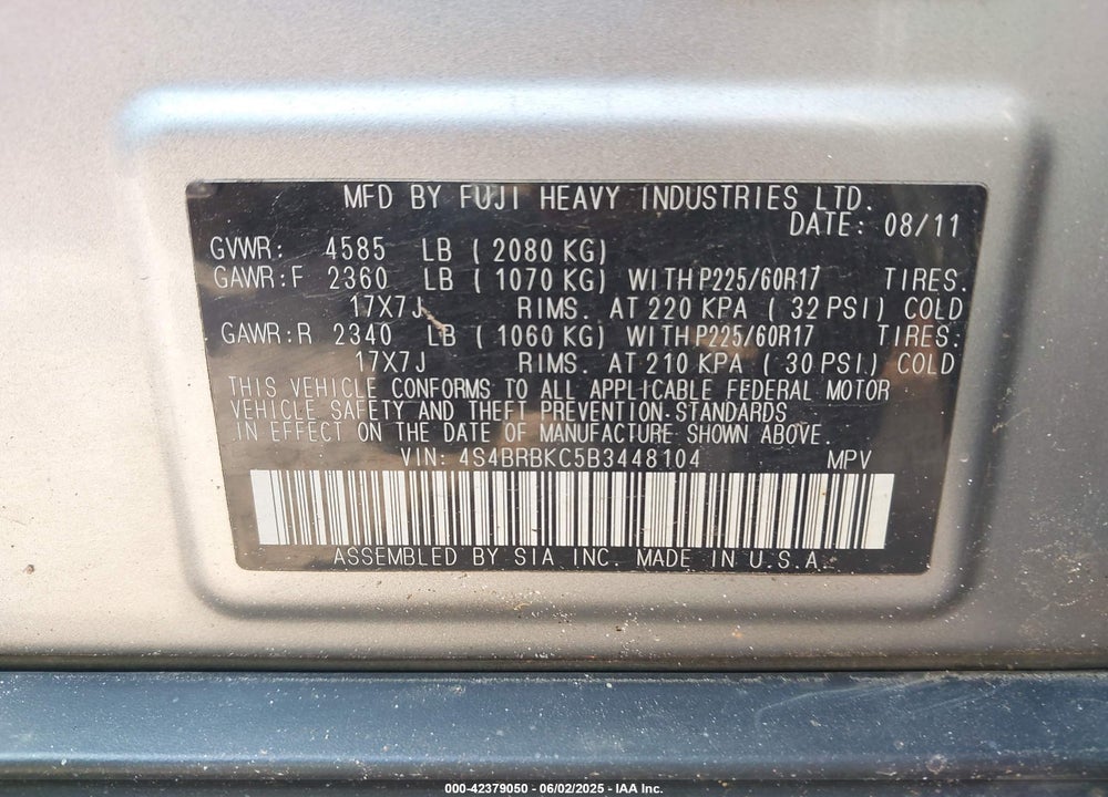 2011 SUBARU OUTBACK VIN: 4S4BRBKC5B3448104