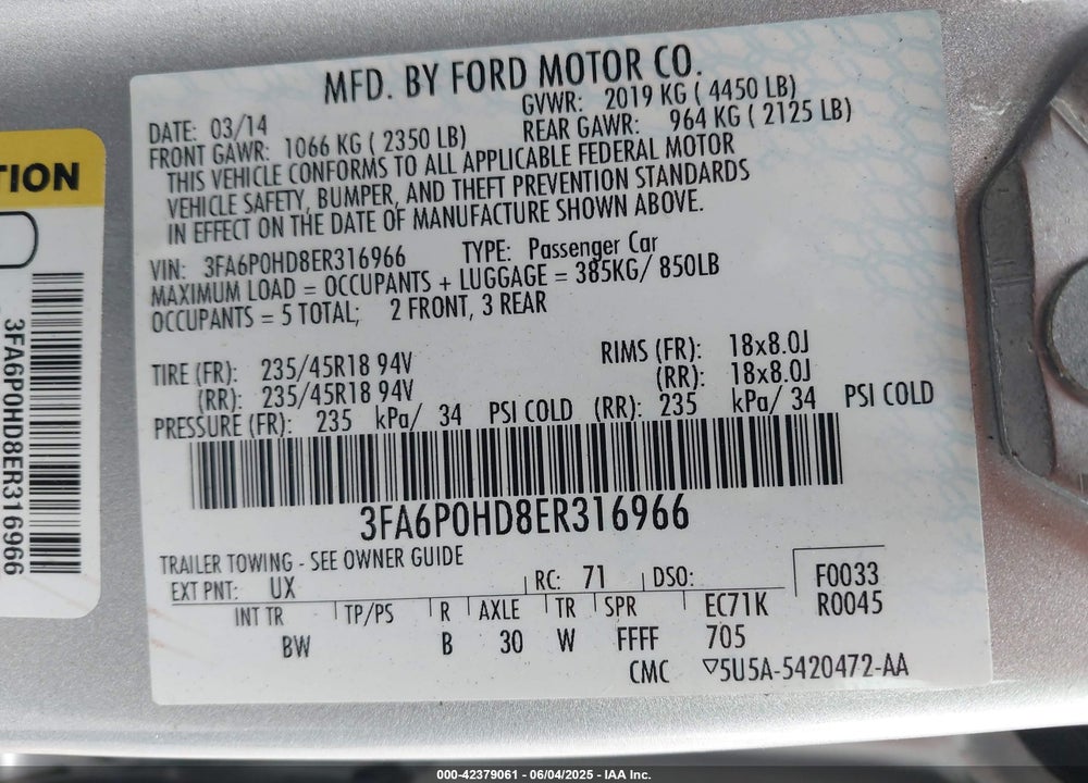 2014 FORD FUSION VIN: 3FA6P0HD8ER316966