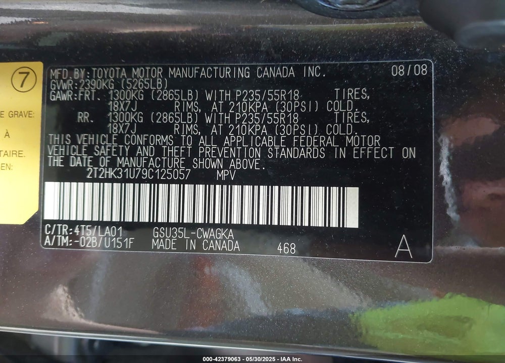 2009 LEXUS RX 350 VIN: 2T2HK31U79C125057