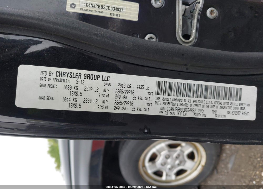 2012 JEEP PATRIOT VIN: 1C4NJPBB2CD634837