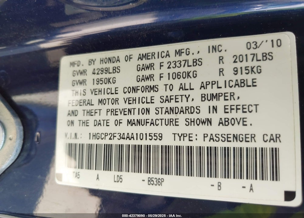 2010 HONDA ACCORD VIN: 1HGCP2F34AA101559