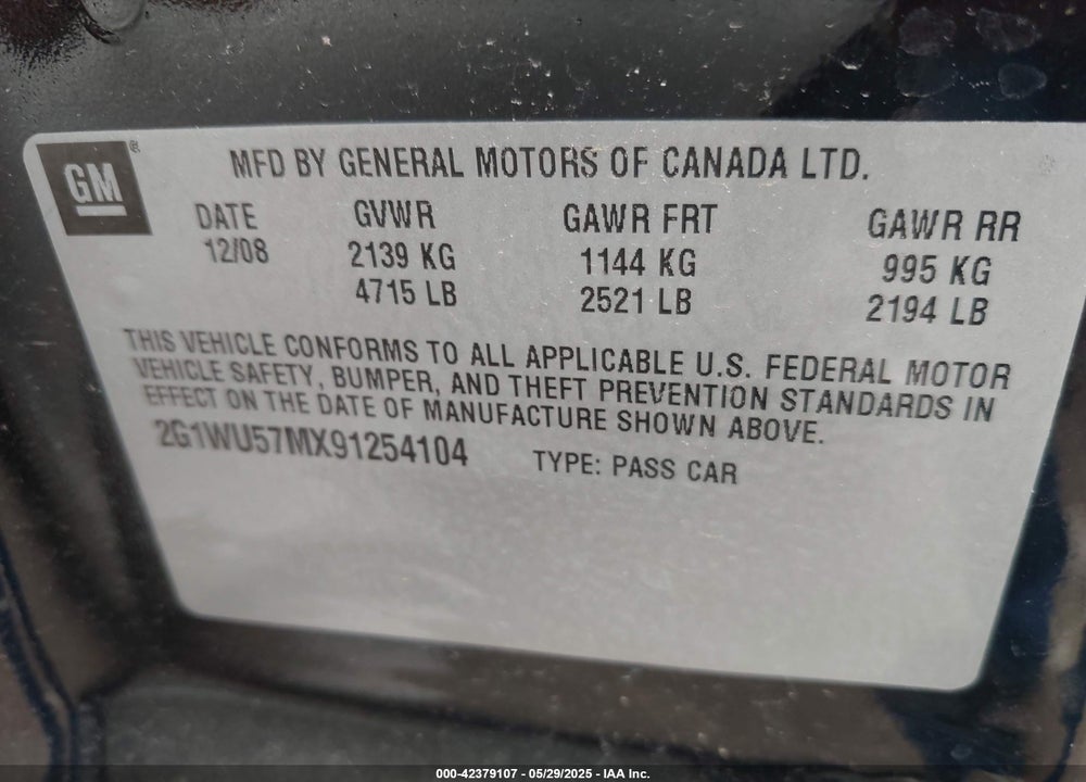 2009 CHEVROLET IMPALA LTZ VIN: 2G1WU57MX91254104
