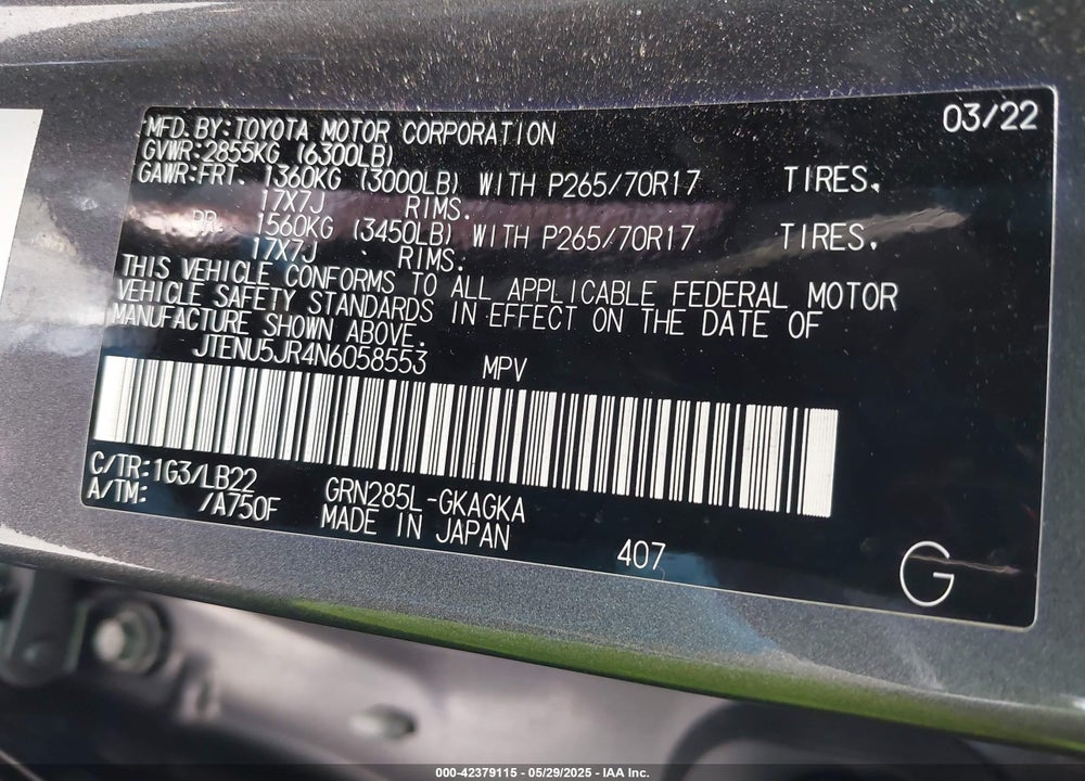 2022 TOYOTA 4RUNNER SR5 PREMIUM VIN: JTENU5JR4N6058553