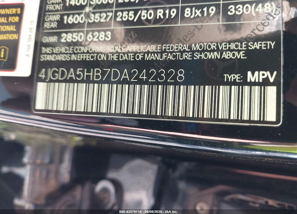 2013 MERCEDES-BENZ ML 350 4MATIC VIN: 4JGDA5HB7DA242328