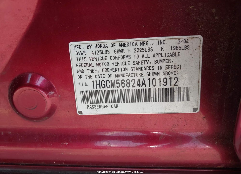 2004 HONDA ACCORD EX VIN: 1HGCM56824A101912