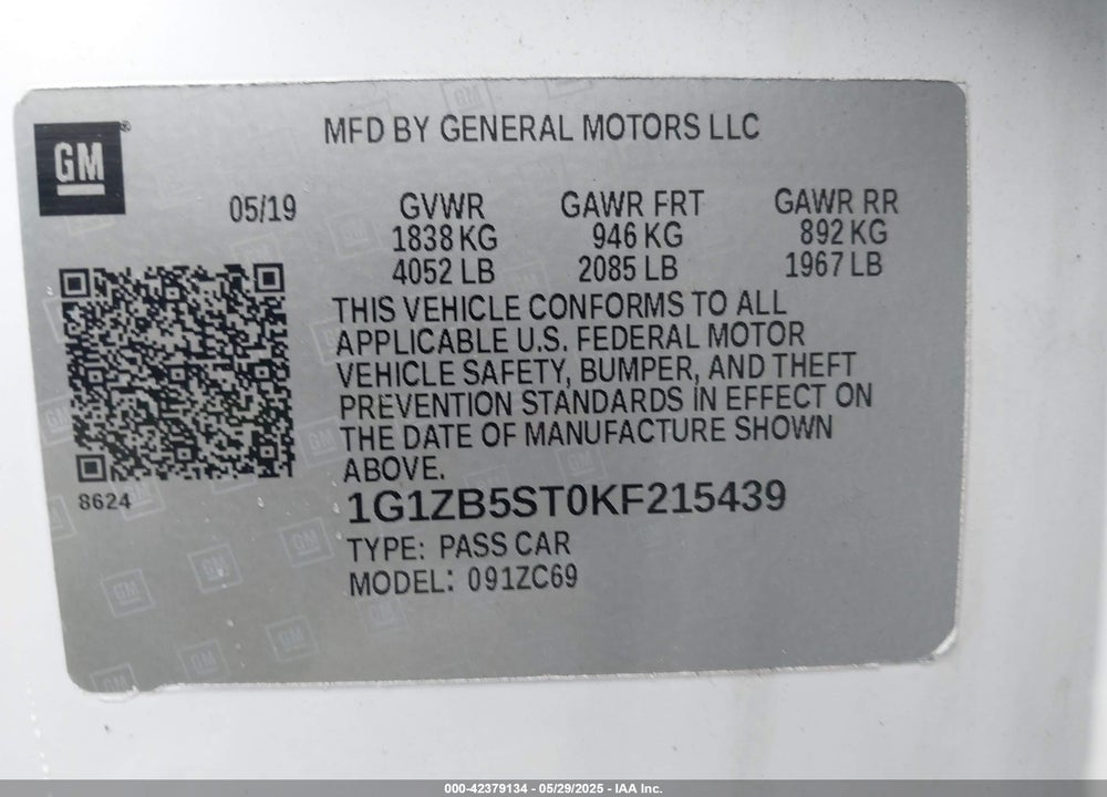 2019 CHEVROLET MALIBU VIN: 1G1ZB5ST0KF215439