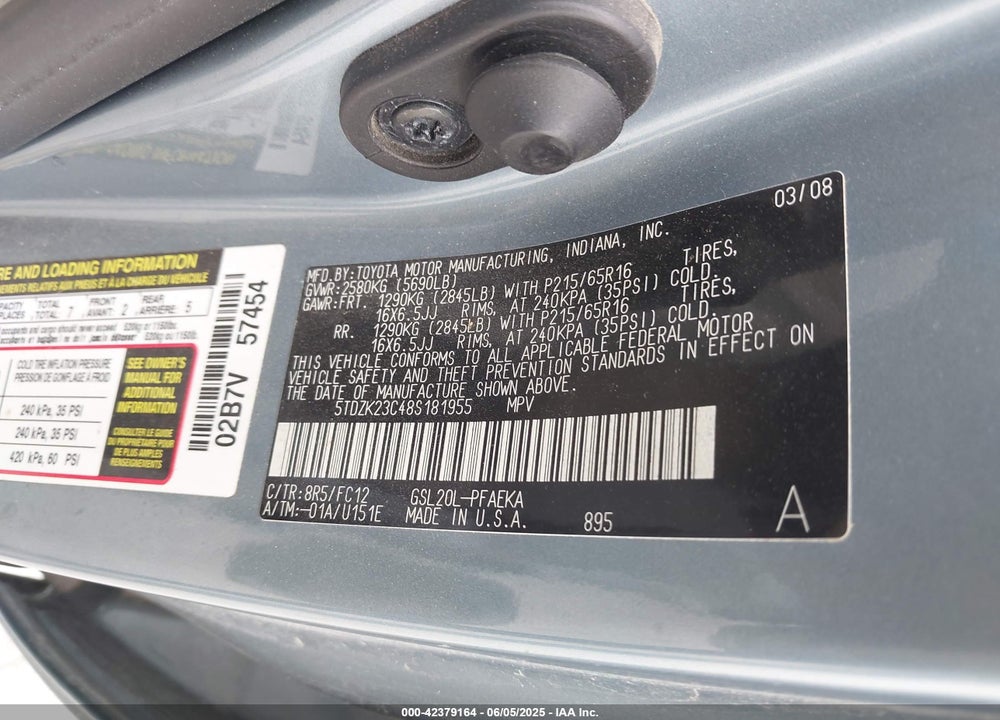 2008 TOYOTA SIENNA LE VIN: 5TDZK23C48S181955