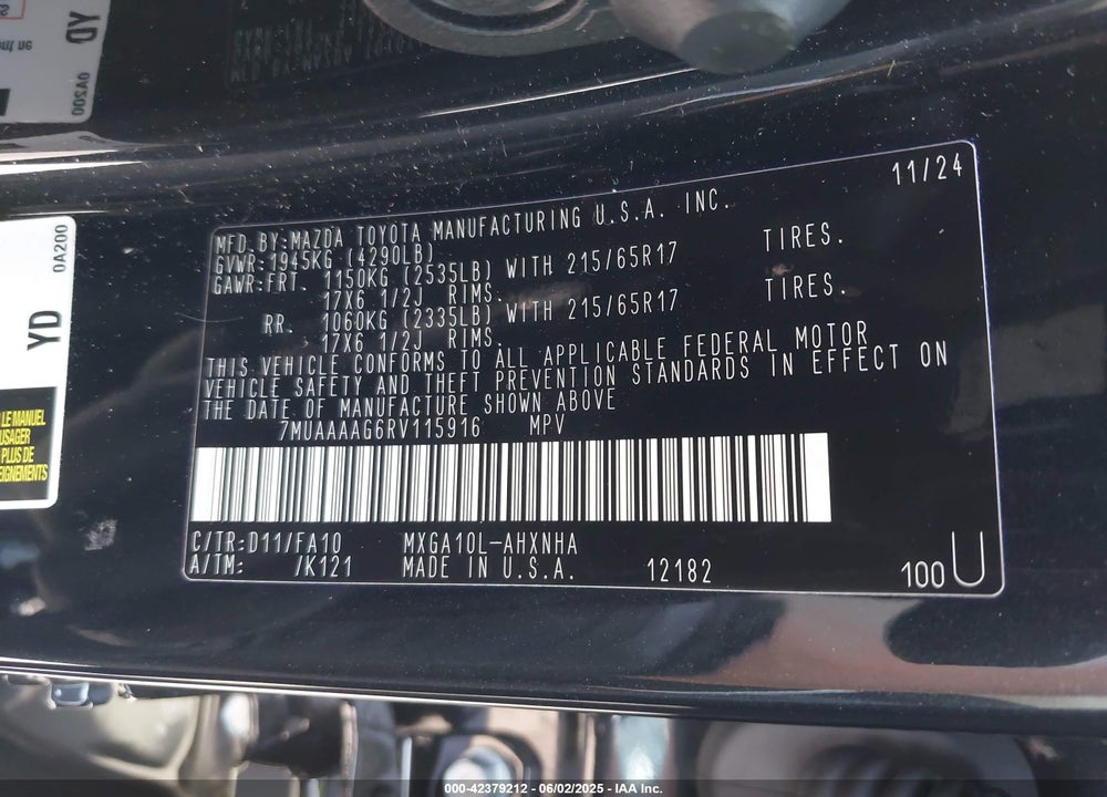 2024 TOYOTA COROLLA CROSS L VIN: 7MUAAAAG6RV115916