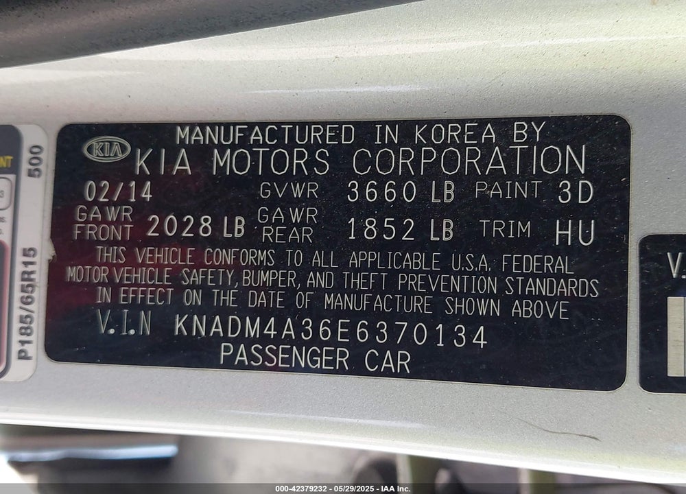 2014 KIA RIO VIN: KNADM4A36E6370134