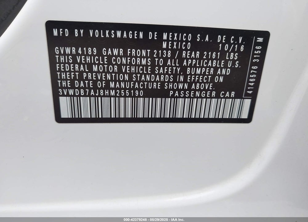 2017 VOLKSWAGEN JETTA 1.4T SE VIN: 3VWDB7AJ8HM255190
