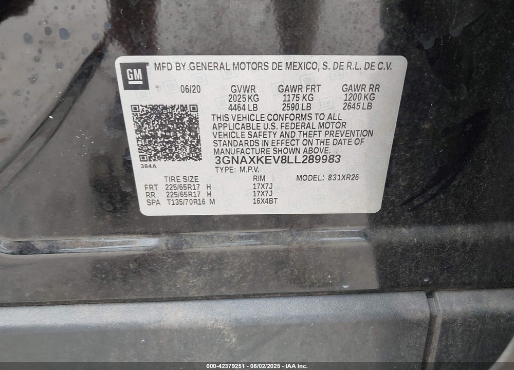 2020 CHEVROLET EQUINOX FWD LT 1.5L TURBO VIN: 3GNAXKEV8LL289983