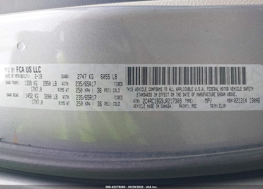 2018 CHRYSLER PACIFICA TOURING L VIN: 2C4RC1BG9JR217309