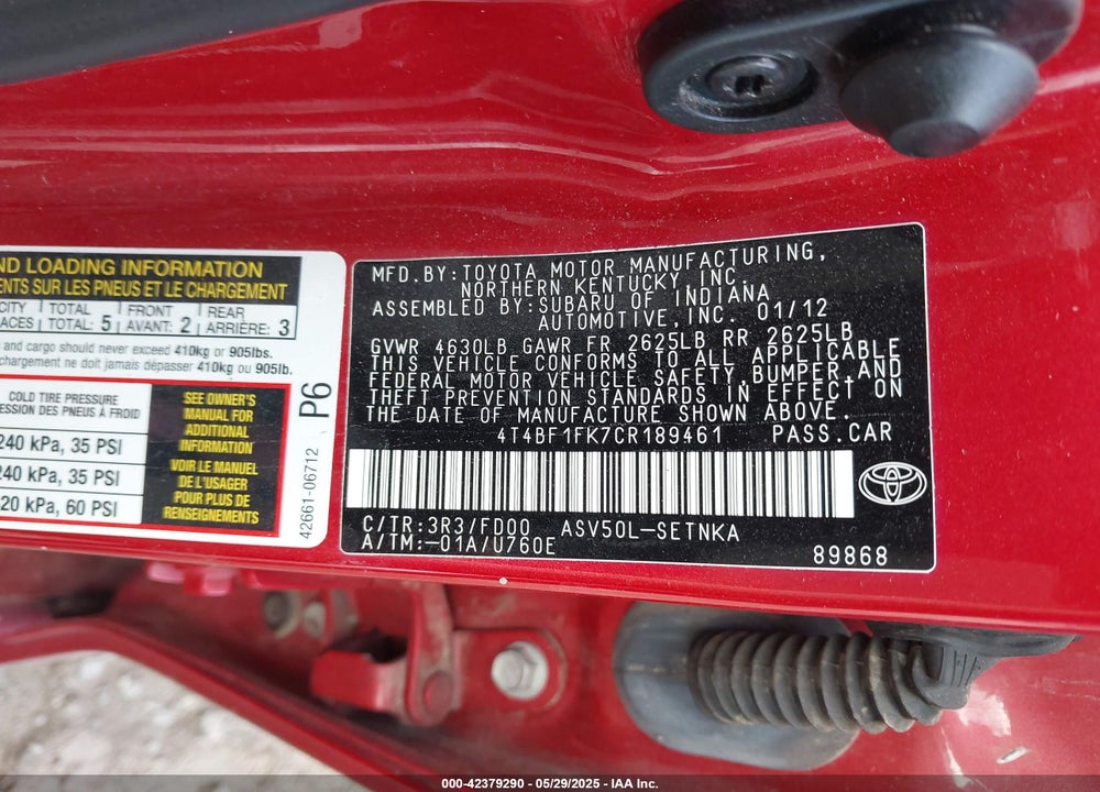 2012 TOYOTA CAMRY VIN: 4T4BF1FK7CR189461