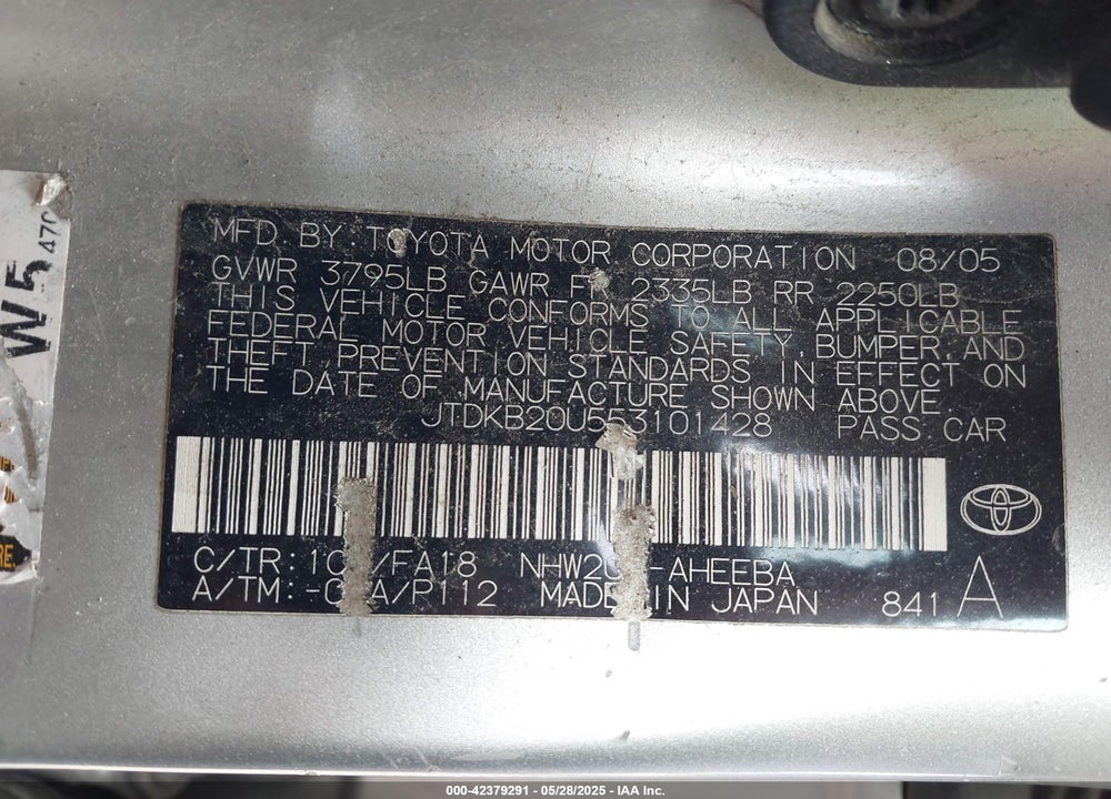 2005 TOYOTA PRIUS VIN: JTDKB20U553101428