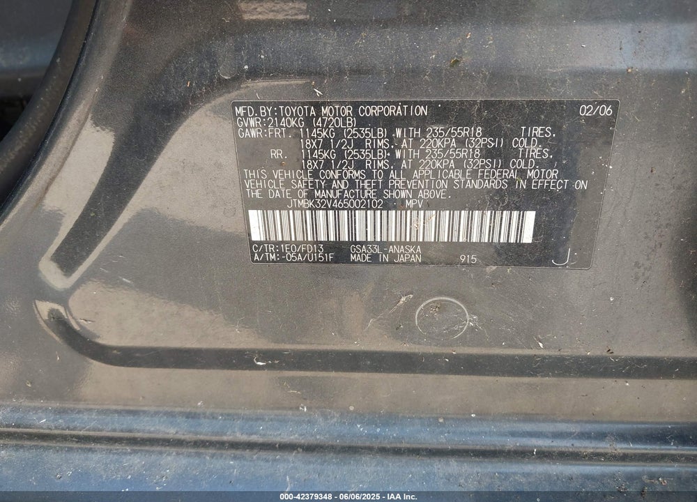 2006 TOYOTA RAV4 SPORT V6 VIN: JTMBK32V465002102
