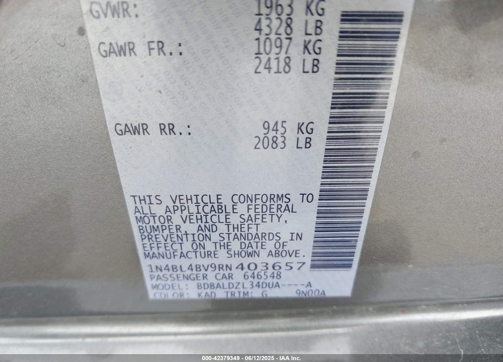 2024 NISSAN ALTIMA VIN: 1N4BL4BV9RN403657