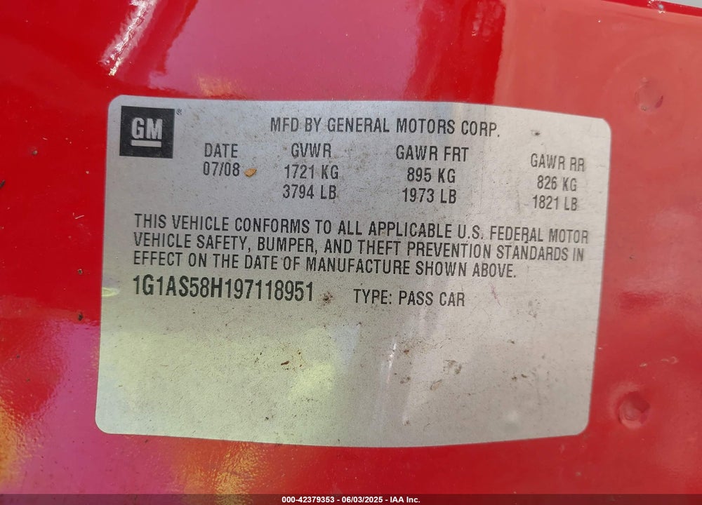 2009 CHEVROLET COBALT LS VIN: 1G1AS58H197118951
