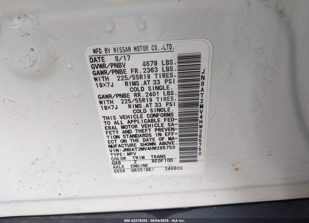 2017 NISSAN ROGUE VIN: JN8AT2MV4HW285750