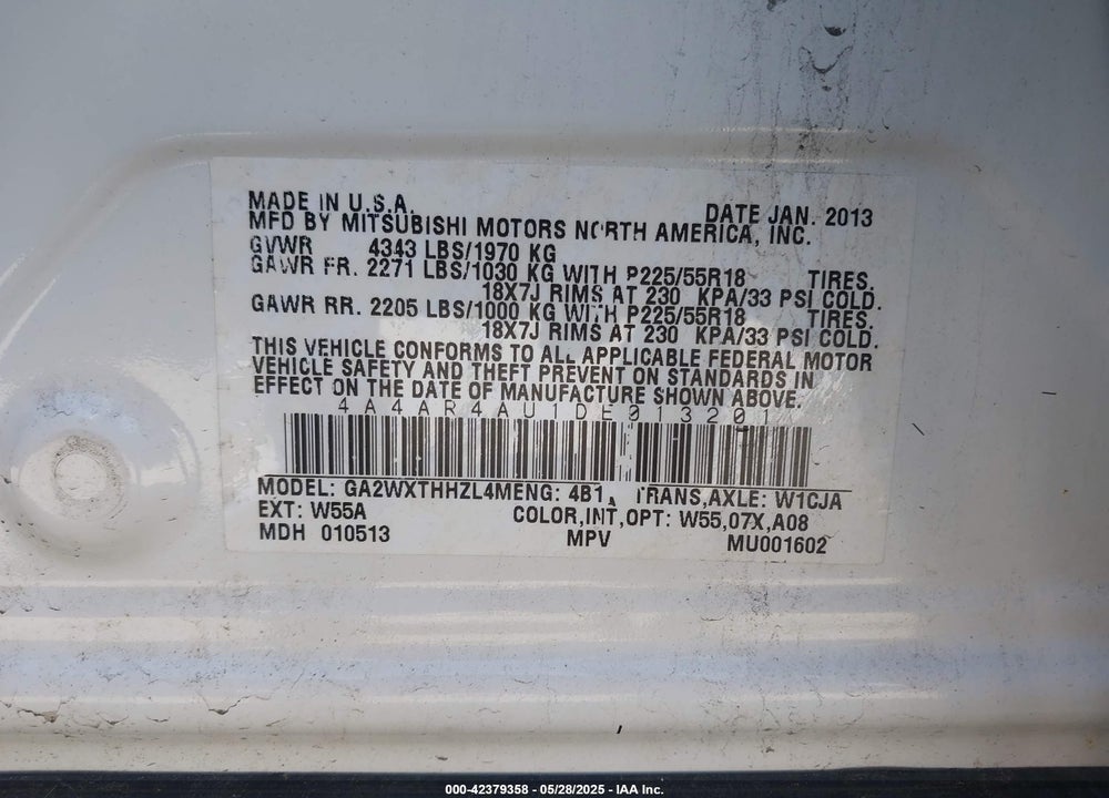 2013 MITSUBISHI OUTLANDER SPORT VIN: 4A4AR4AU1DE013201
