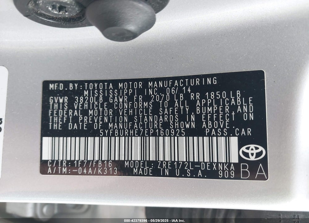 2014 TOYOTA COROLLA LE VIN: 5YFBURHE7EP160925