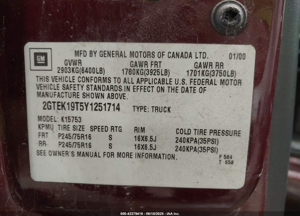 2000 GMC SIERRA 1500 SLE VIN: 2GTEK19T5Y1251714