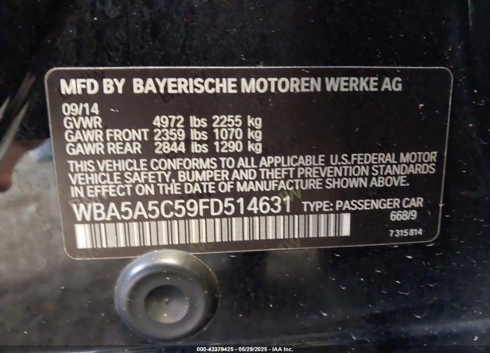 2015 BMW 528I VIN: WBA5A5C59FD514631