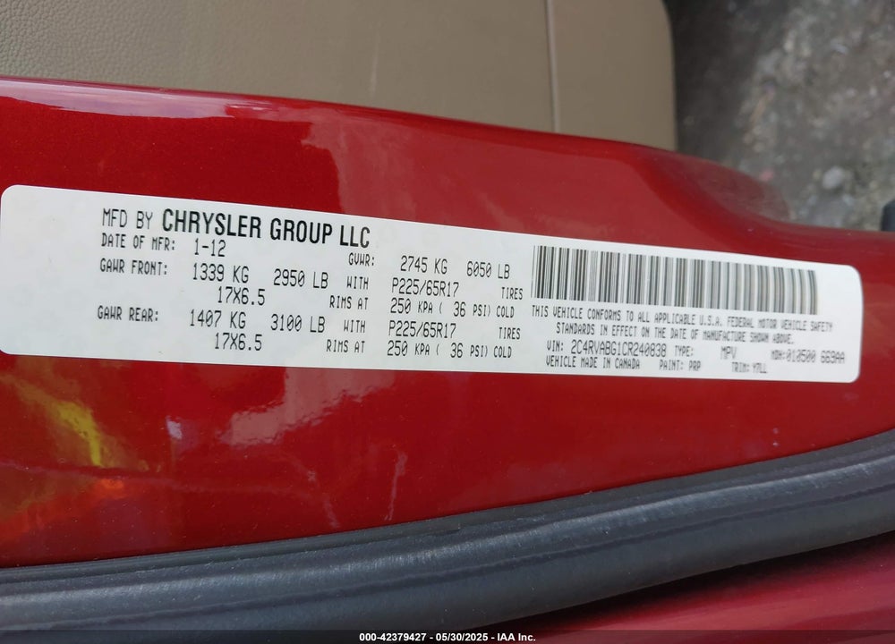 2012 VOLKSWAGEN ROUTAN VIN: 2C4RVABG1CR240838