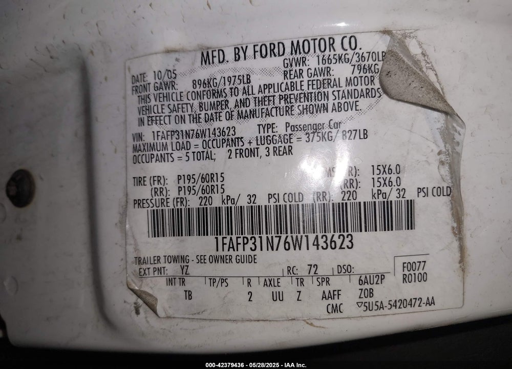 2006 FORD FOCUS VIN: 1FAFP31N76W143623