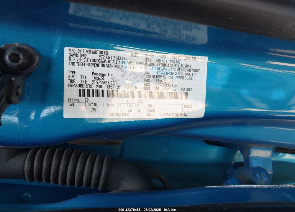 2012 FORD FOCUS VIN: 1FAHP3F21CL460141