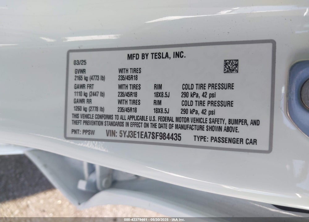 2025 TESLA MODEL 3 LONG RANGE REAR-WHEEL DRIVE VIN: 5YJ3E1EA7SF984435