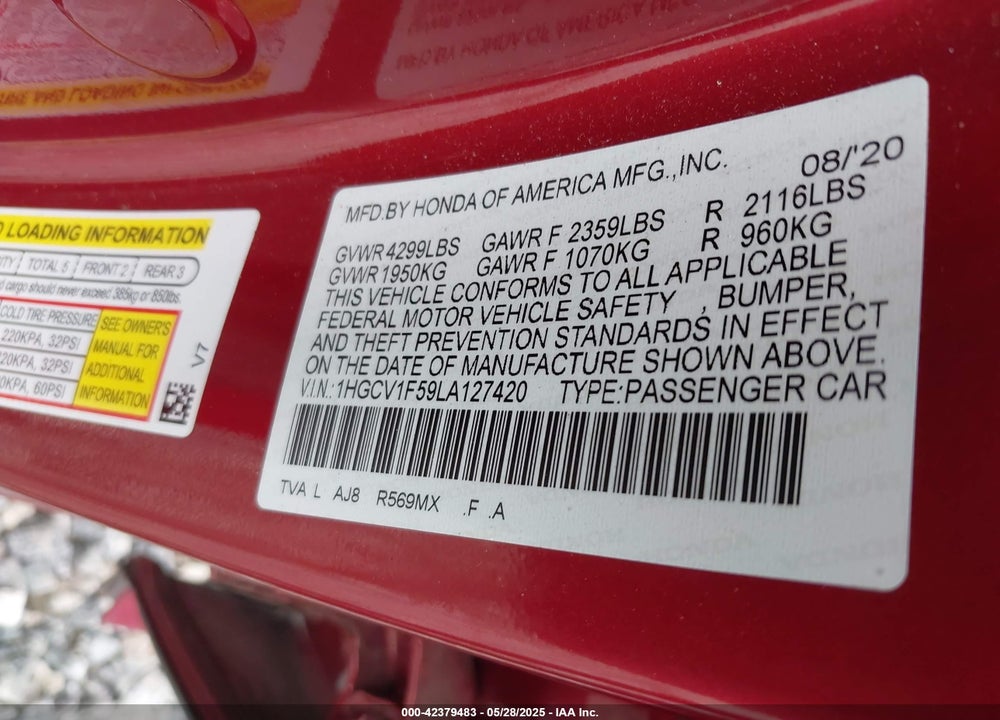2020 HONDA ACCORD VIN: 1HGCV1F59LA127420
